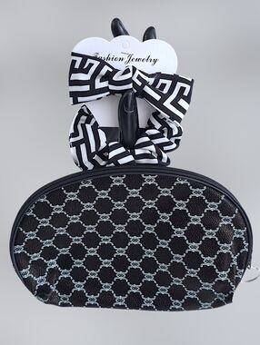 Black & Lt. Blue Monogram Pouch with Bow & Scrunchie - 3 Pc. Set